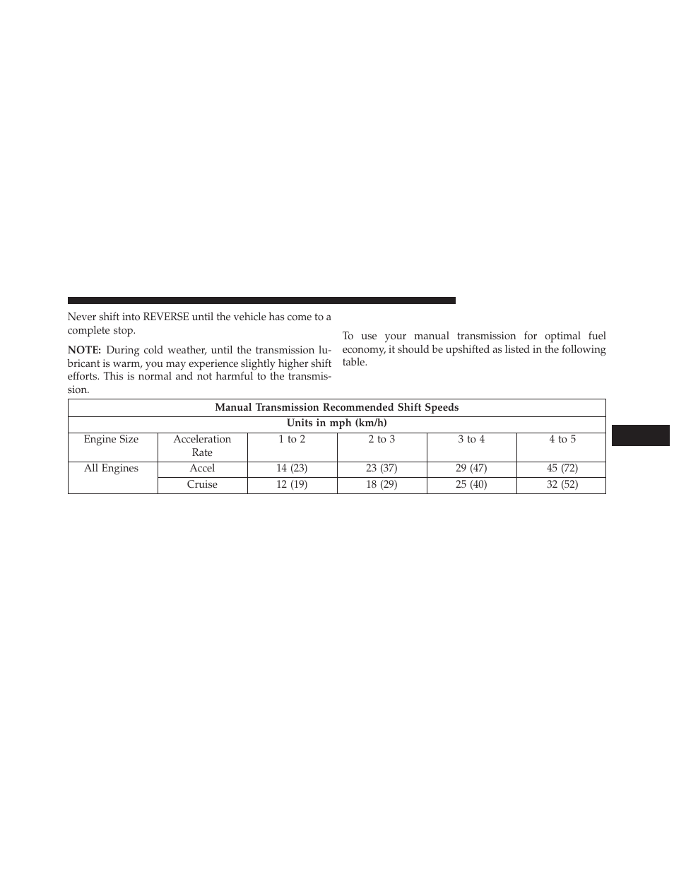 Recommended shift speeds | Jeep 2014 Compass - Owner Manual User Manual | Page 333 / 572