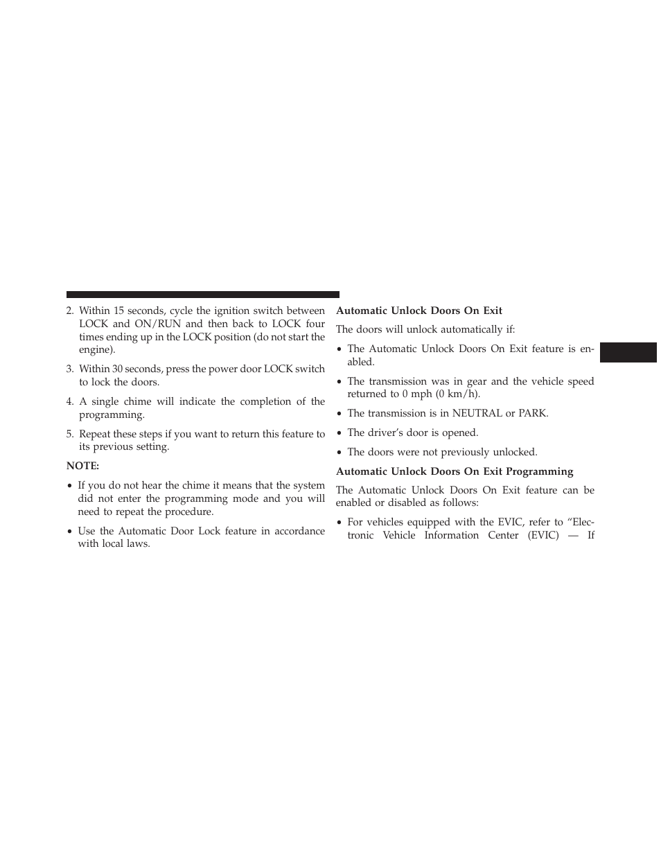 Automatic unlock doors on exit, Automatic unlock doors on exit programming | Jeep 2014 Compass - Owner Manual User Manual | Page 35 / 572