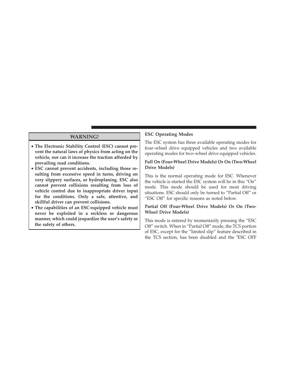 Esc operating modes | Jeep 2014 Compass - Owner Manual User Manual | Page 378 / 572