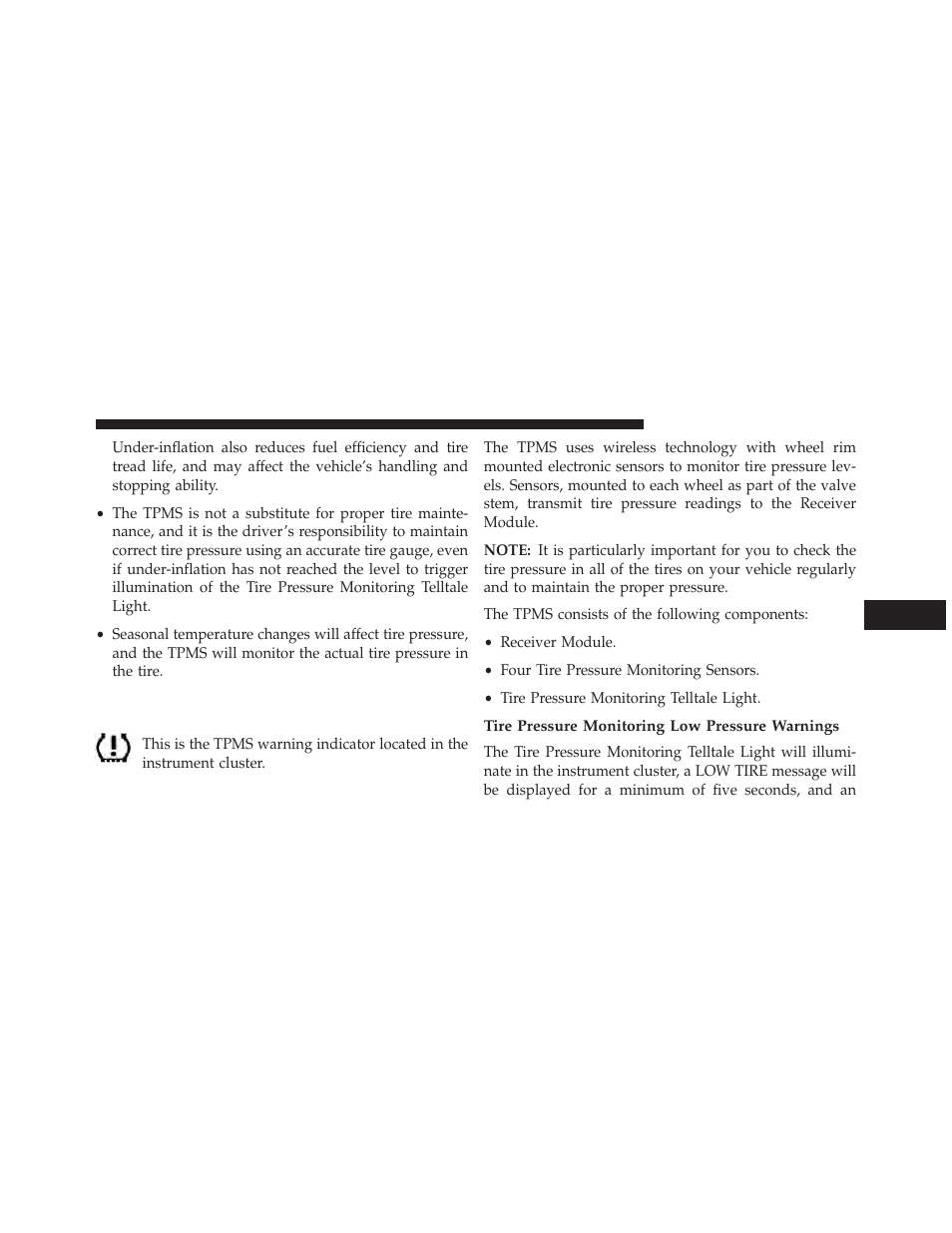 Base system, Tire pressure monitoring low pressure warnings | Jeep 2014 Compass - Owner Manual User Manual | Page 409 / 572