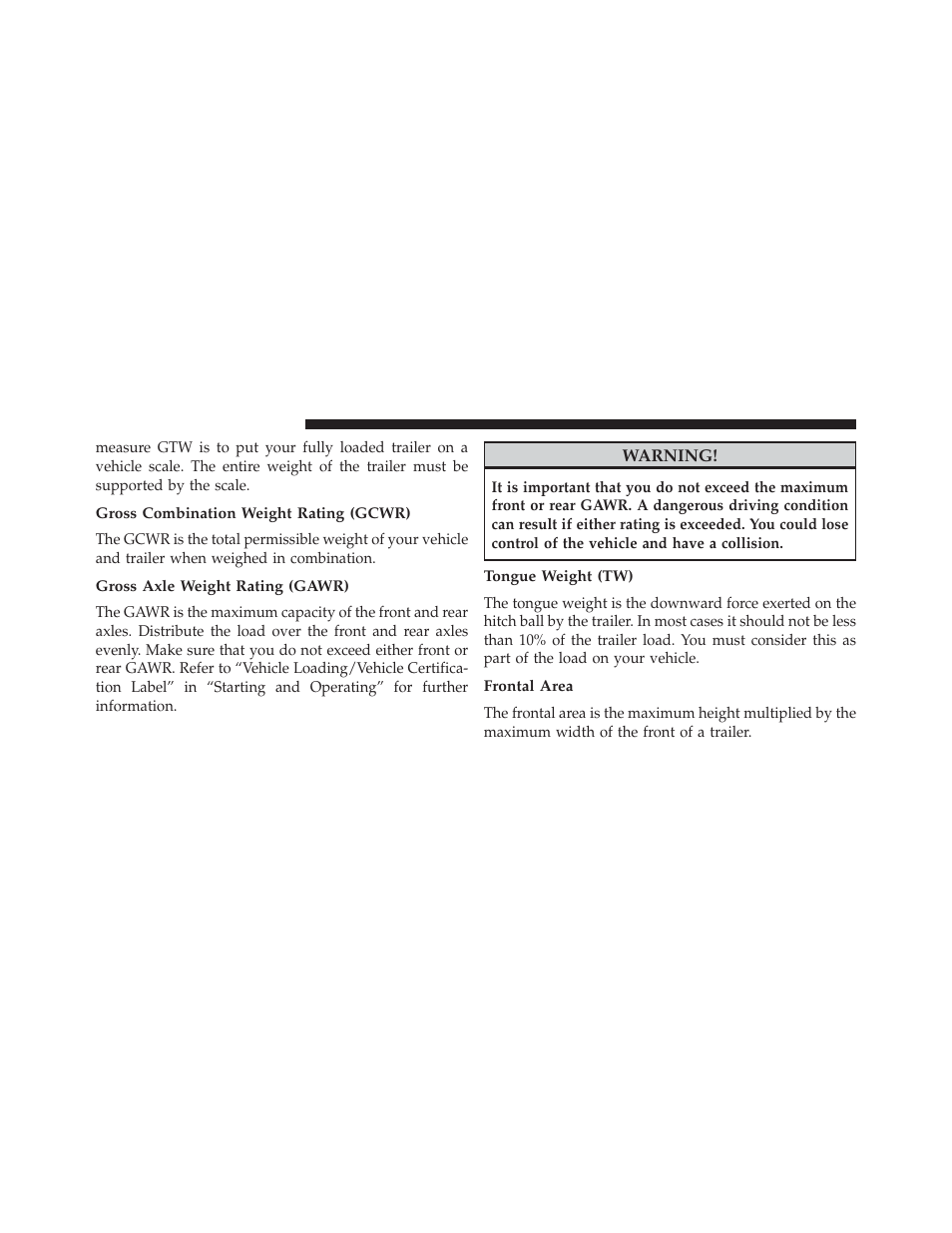 Gross combination weight rating (gcwr), Gross axle weight rating (gawr), Tongue weight (tw) | Frontal area | Jeep 2014 Compass - Owner Manual User Manual | Page 426 / 572