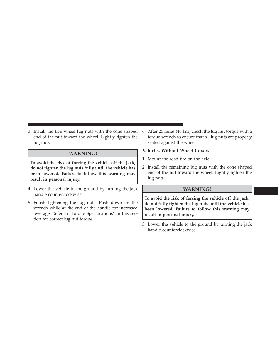 Vehicles without wheel covers | Jeep 2014 Compass - Owner Manual User Manual | Page 457 / 572