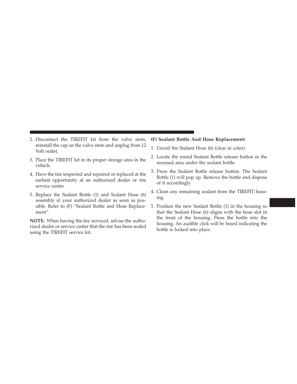 F) sealant bottle and hose replacement | Jeep 2014 Compass - Owner Manual User Manual | Page 467 / 572