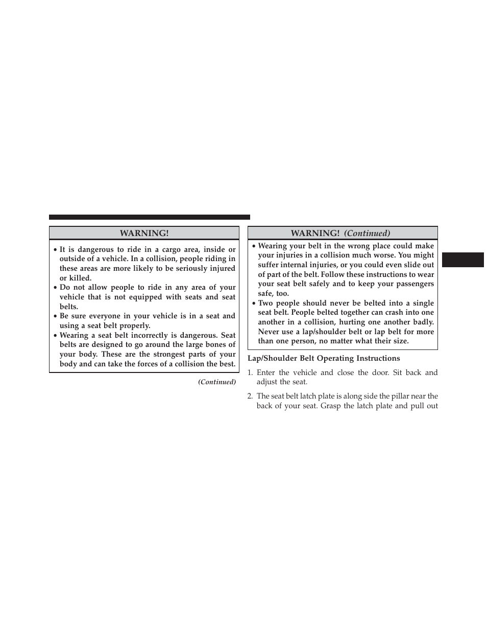 Lap/shoulder belt operating instructions | Jeep 2014 Compass - Owner Manual User Manual | Page 47 / 572