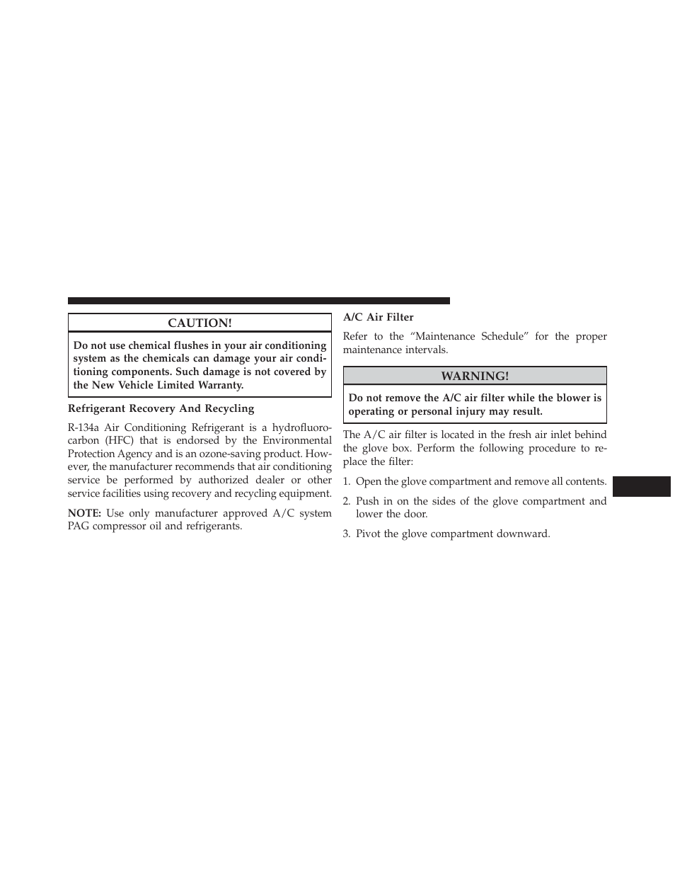 Refrigerant recovery and recycling, A/c air filter | Jeep 2014 Compass - Owner Manual User Manual | Page 493 / 572