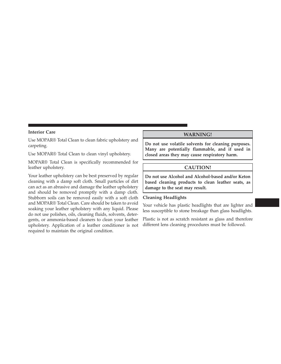 Interior care, Cleaning headlights | Jeep 2014 Compass - Owner Manual User Manual | Page 517 / 572