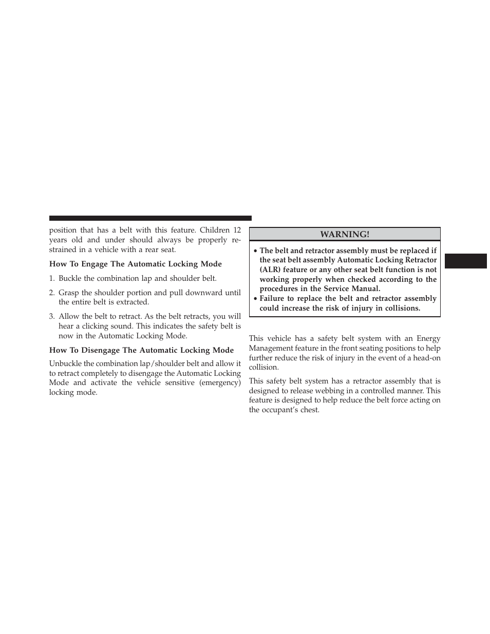 How to engage the automatic locking mode, How to disengage the automatic locking mode, Energy management feature | Jeep 2014 Compass - Owner Manual User Manual | Page 57 / 572