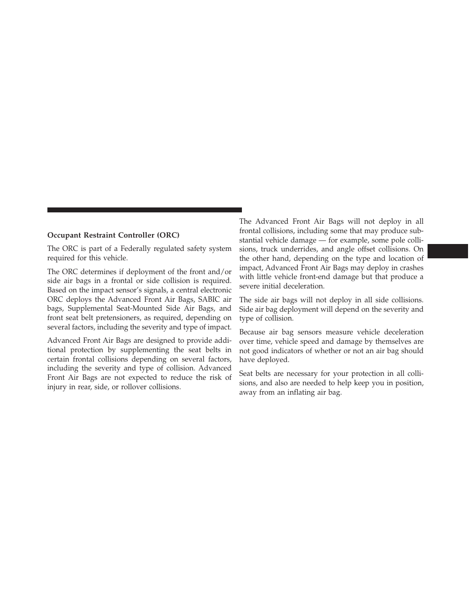 Air bag deployment sensors and controls, Occupant restraint controller (orc) | Jeep 2014 Compass - Owner Manual User Manual | Page 71 / 572