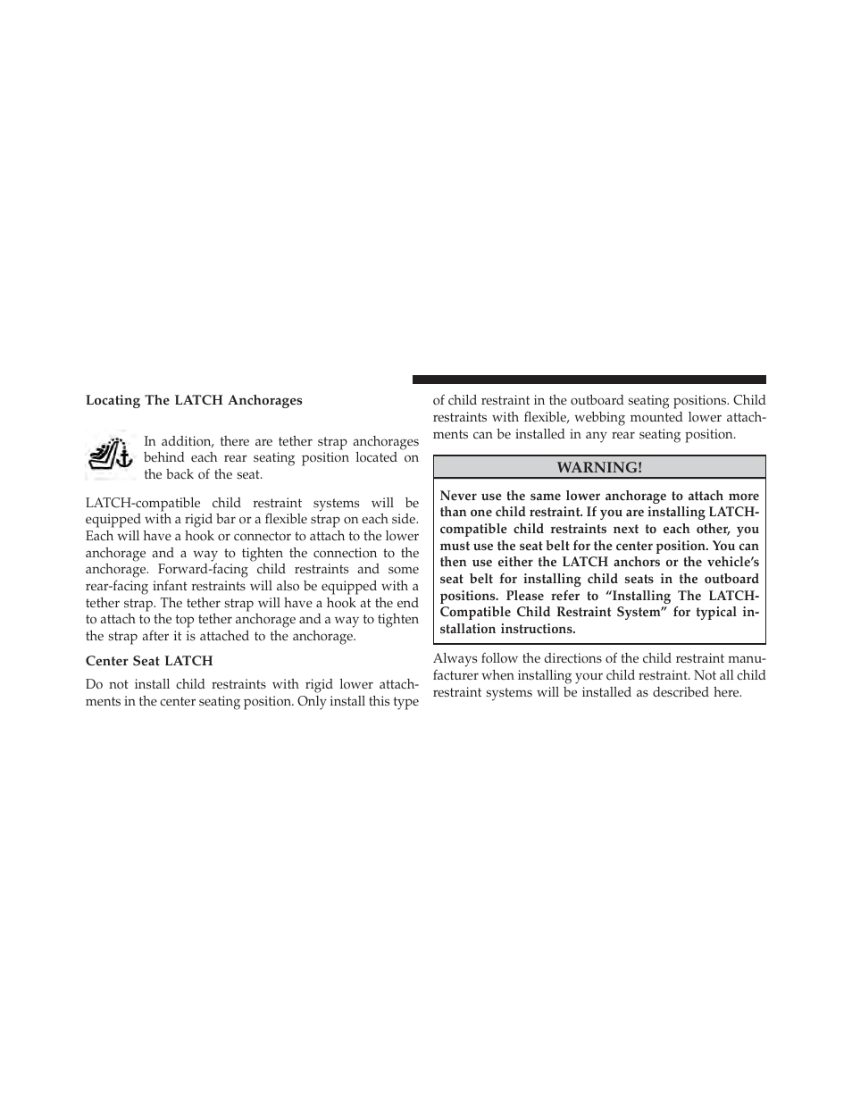 Locating the latch anchorages, Center seat latch | Jeep 2014 Compass - Owner Manual User Manual | Page 92 / 572