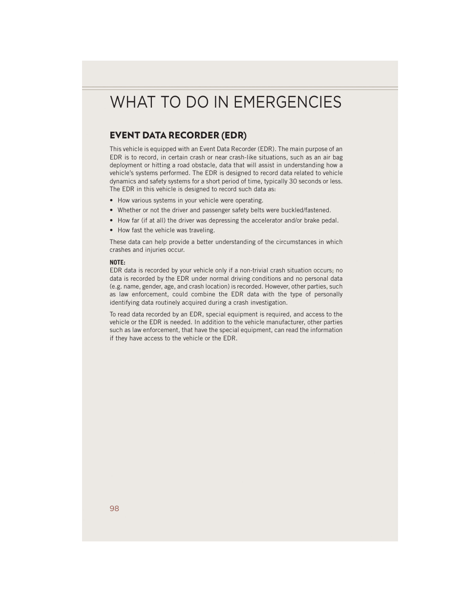 Event data recorder (edr), What to do in emergencies | Jeep 2014 Compass - User Guide User Manual | Page 100 / 124