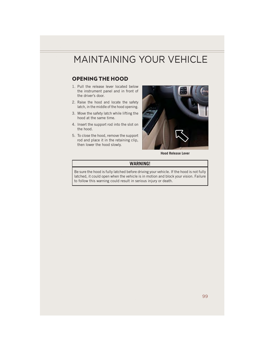 Maintaining your vehicle, Opening the hood | Jeep 2014 Compass - User Guide User Manual | Page 101 / 124