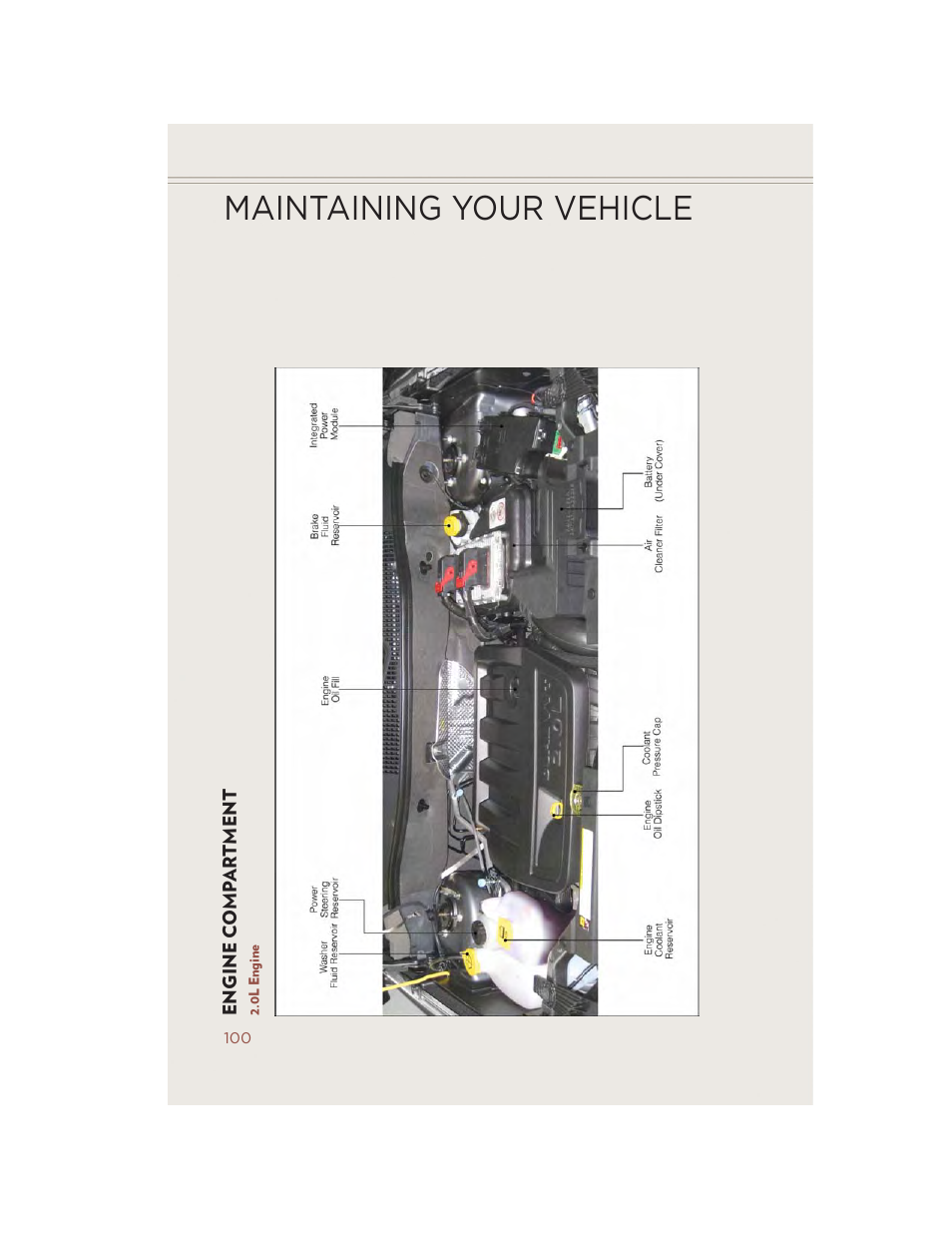 Engine compartment, 0l engine, Maintaining your vehicle | Jeep 2014 Compass - User Guide User Manual | Page 102 / 124