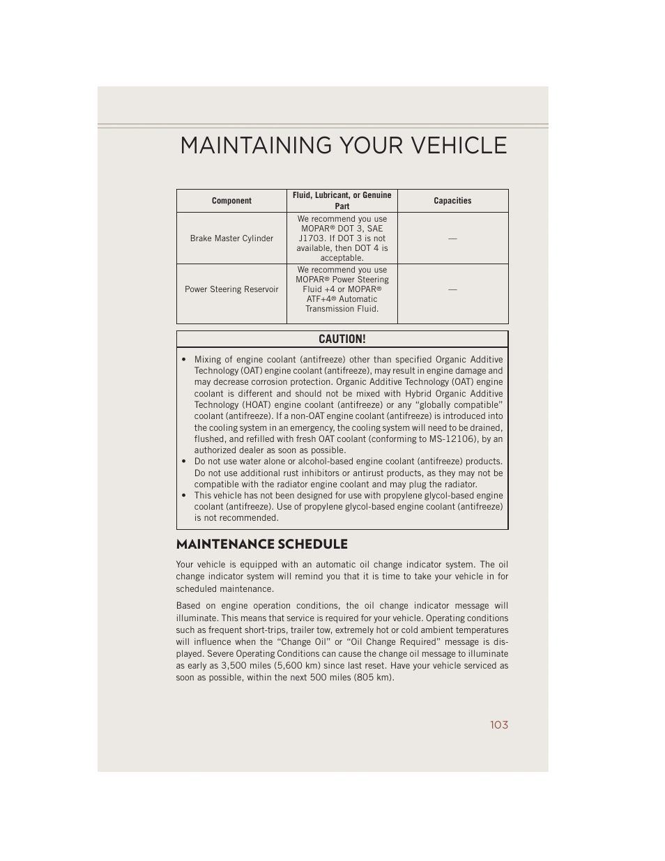 Maintenance schedule, Maintaining your vehicle, Caution | Jeep 2014 Compass - User Guide User Manual | Page 105 / 124