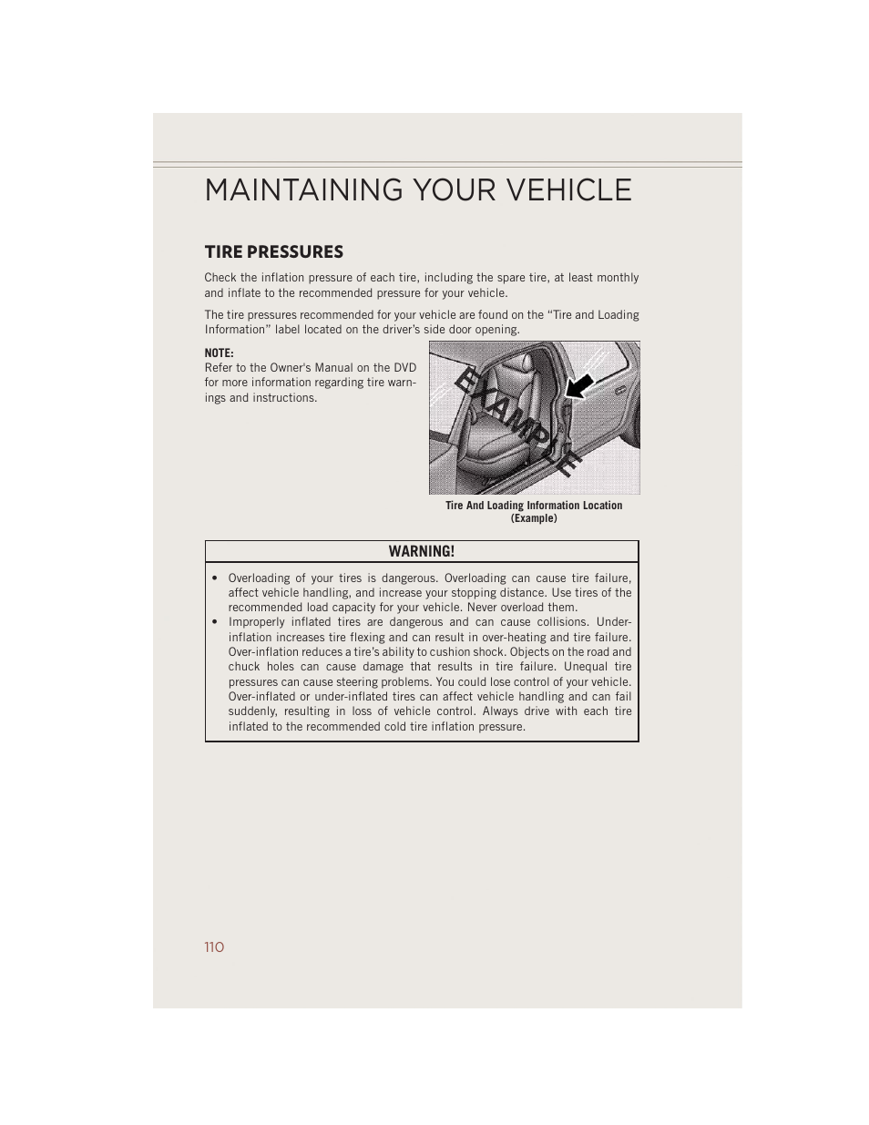 Tire pressures, Maintaining your vehicle | Jeep 2014 Compass - User Guide User Manual | Page 112 / 124