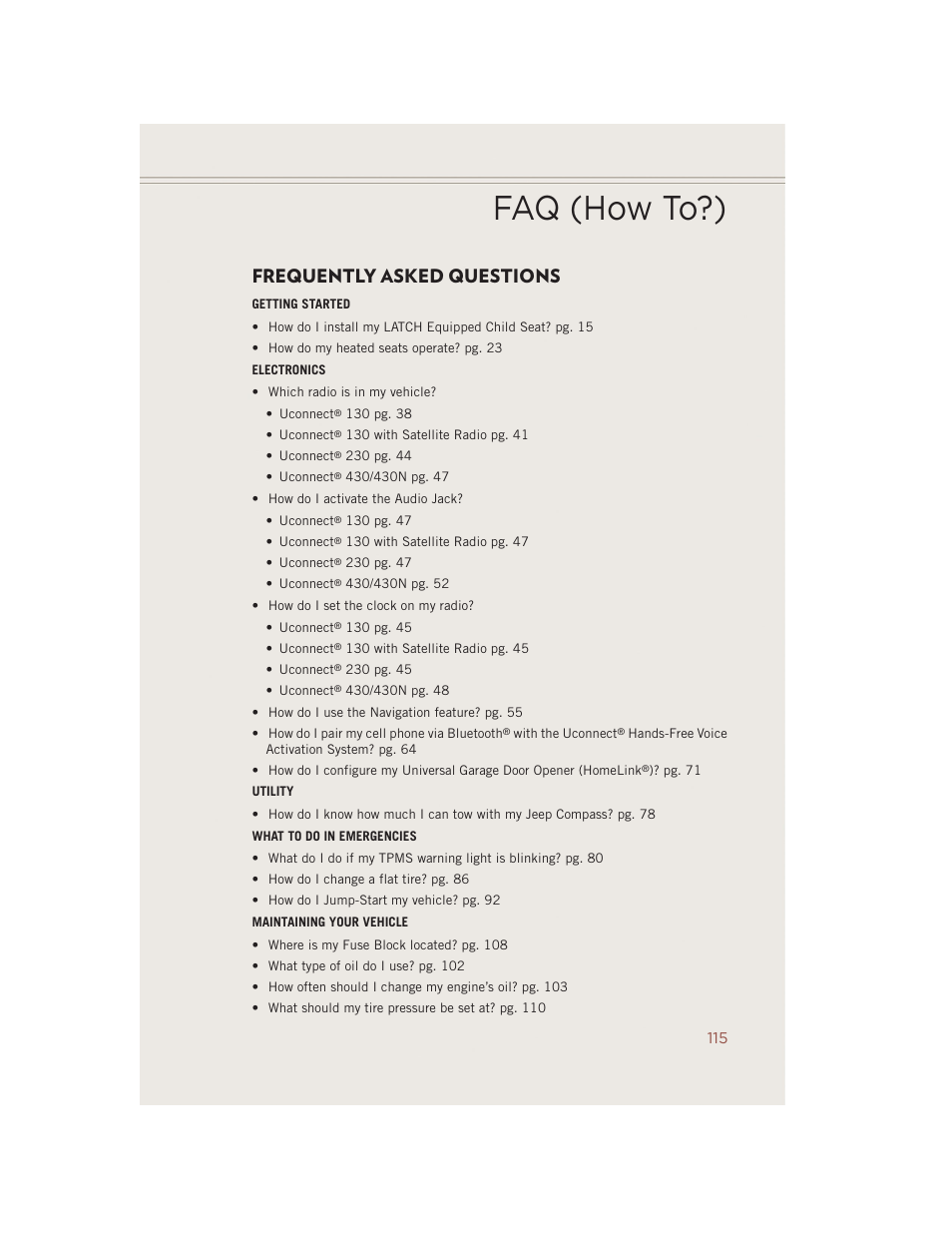 Faq (how to?), Frequently asked questions | Jeep 2014 Compass - User Guide User Manual | Page 117 / 124