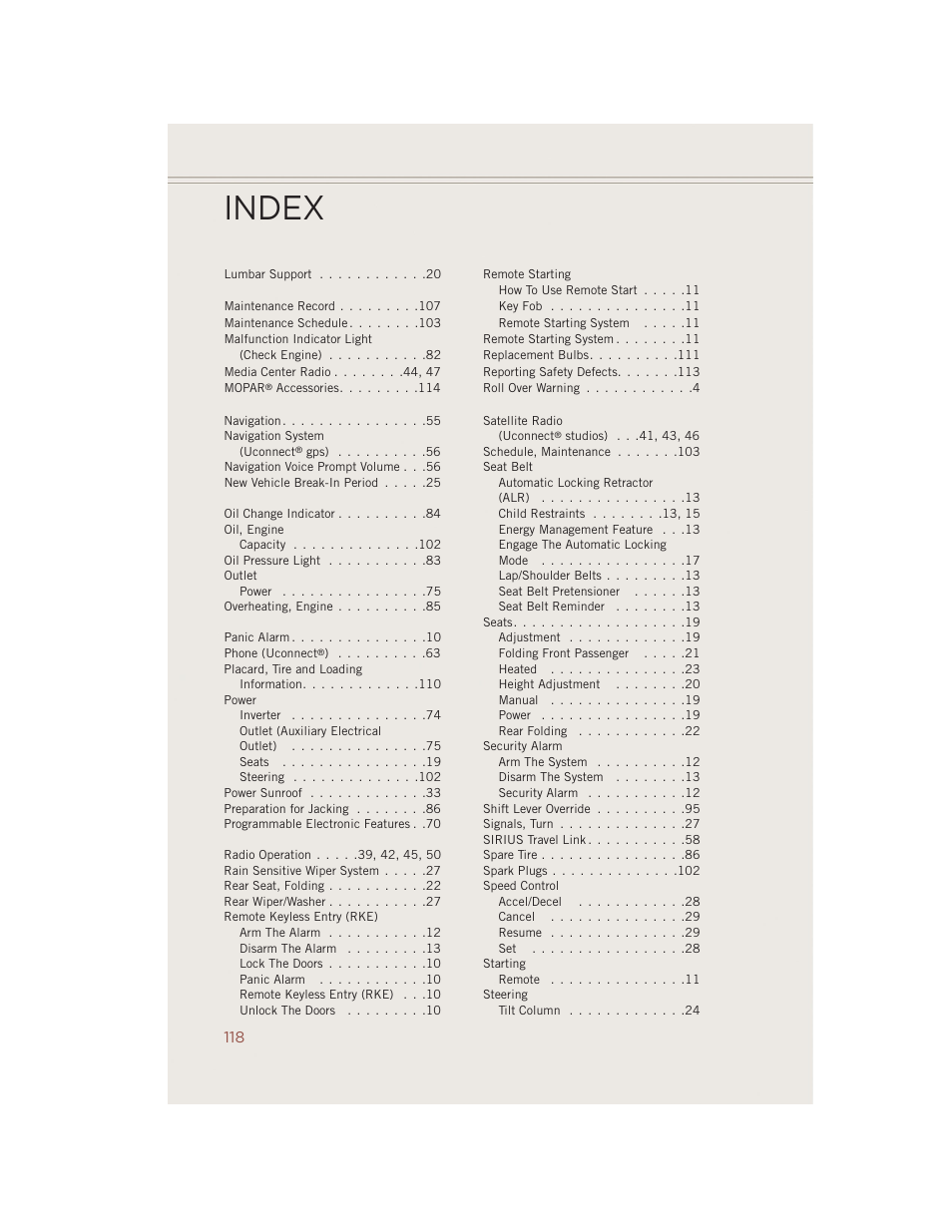 Index | Jeep 2014 Compass - User Guide User Manual | Page 120 / 124