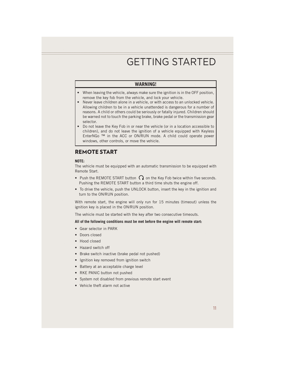 Remote start, Getting started, Warning | Jeep 2014 Compass - User Guide User Manual | Page 13 / 124