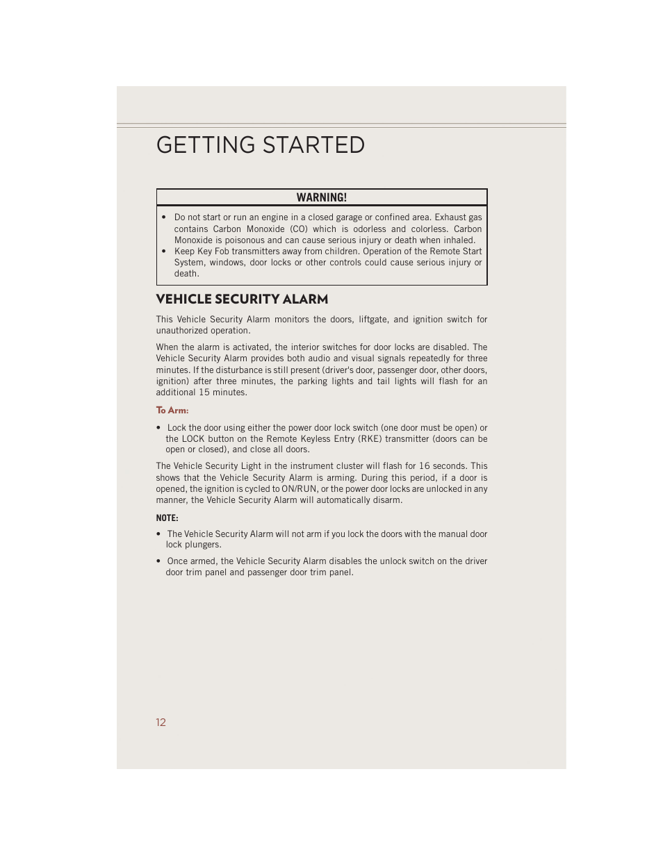 Vehicle security alarm, To arm, Getting started | Jeep 2014 Compass - User Guide User Manual | Page 14 / 124