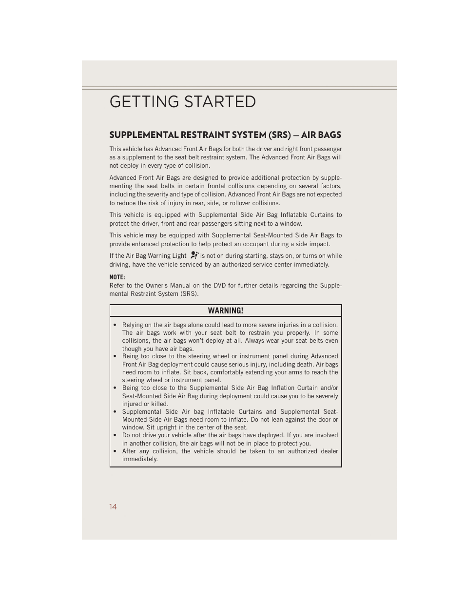 Supplemental restraint system (srs) — air bags, Getting started | Jeep 2014 Compass - User Guide User Manual | Page 16 / 124