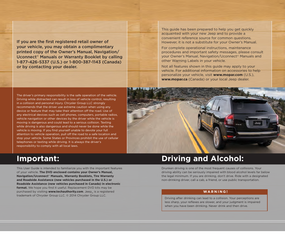 Important, Driving and alcohol | Jeep 2014 Compass - User Guide User Manual | Page 2 / 124