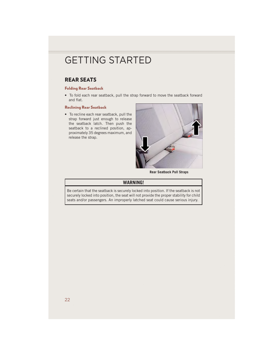 Rear seats, Folding rear seatback, Reclining rear seatback | Getting started | Jeep 2014 Compass - User Guide User Manual | Page 24 / 124