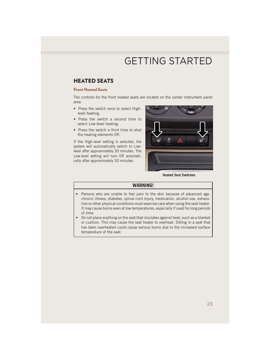 Heated seats, Front heated seats, Getting started | Jeep 2014 Compass - User Guide User Manual | Page 25 / 124