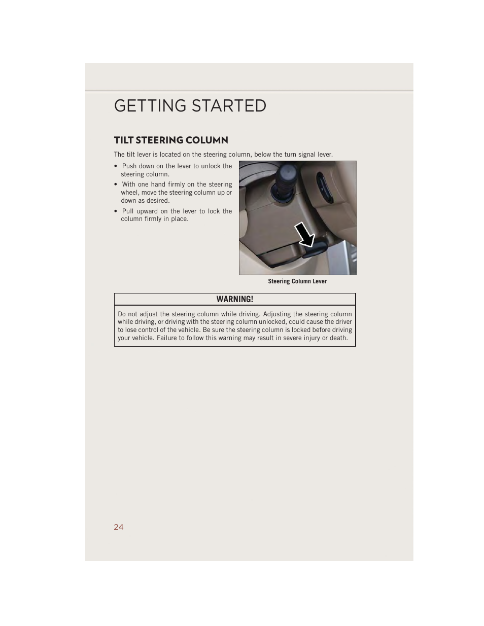 Tilt steering column, Getting started | Jeep 2014 Compass - User Guide User Manual | Page 26 / 124