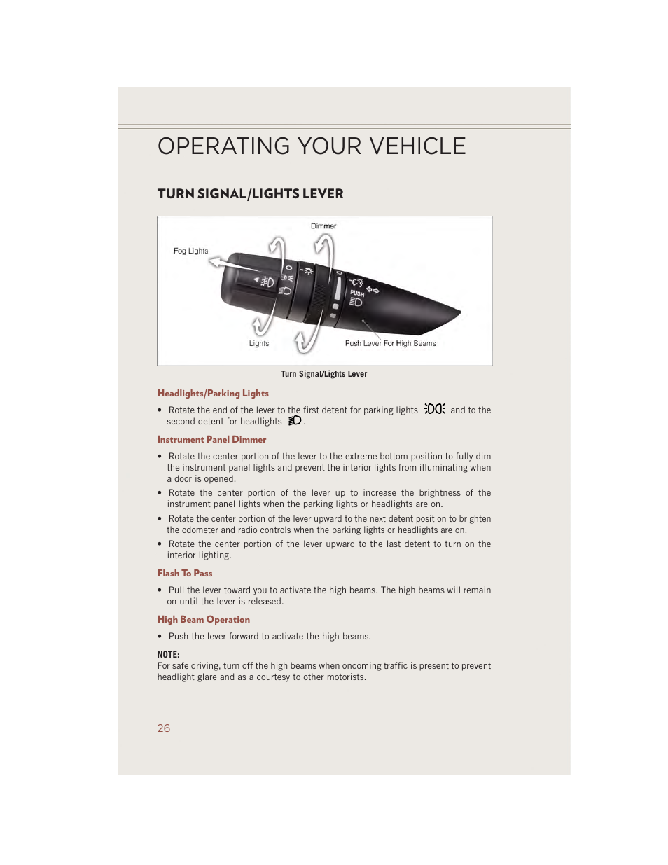 Turn signal/lights lever, Headlights/parking lights, Instrument panel dimmer | Flash to pass, High beam operation, Operating your vehicle | Jeep 2014 Compass - User Guide User Manual | Page 28 / 124