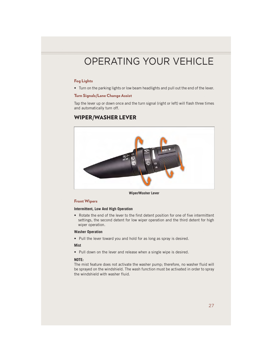 Fog lights, Turn signals/lane change assist, Wiper/washer lever | Front wipers, Operating your vehicle | Jeep 2014 Compass - User Guide User Manual | Page 29 / 124