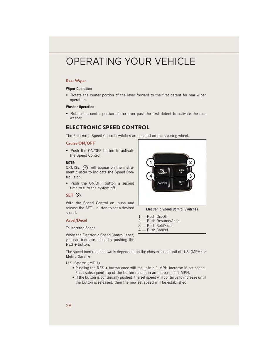 Rear wiper, Electronic speed control, Cruise on/off | Accel/decel, Operating your vehicle | Jeep 2014 Compass - User Guide User Manual | Page 30 / 124