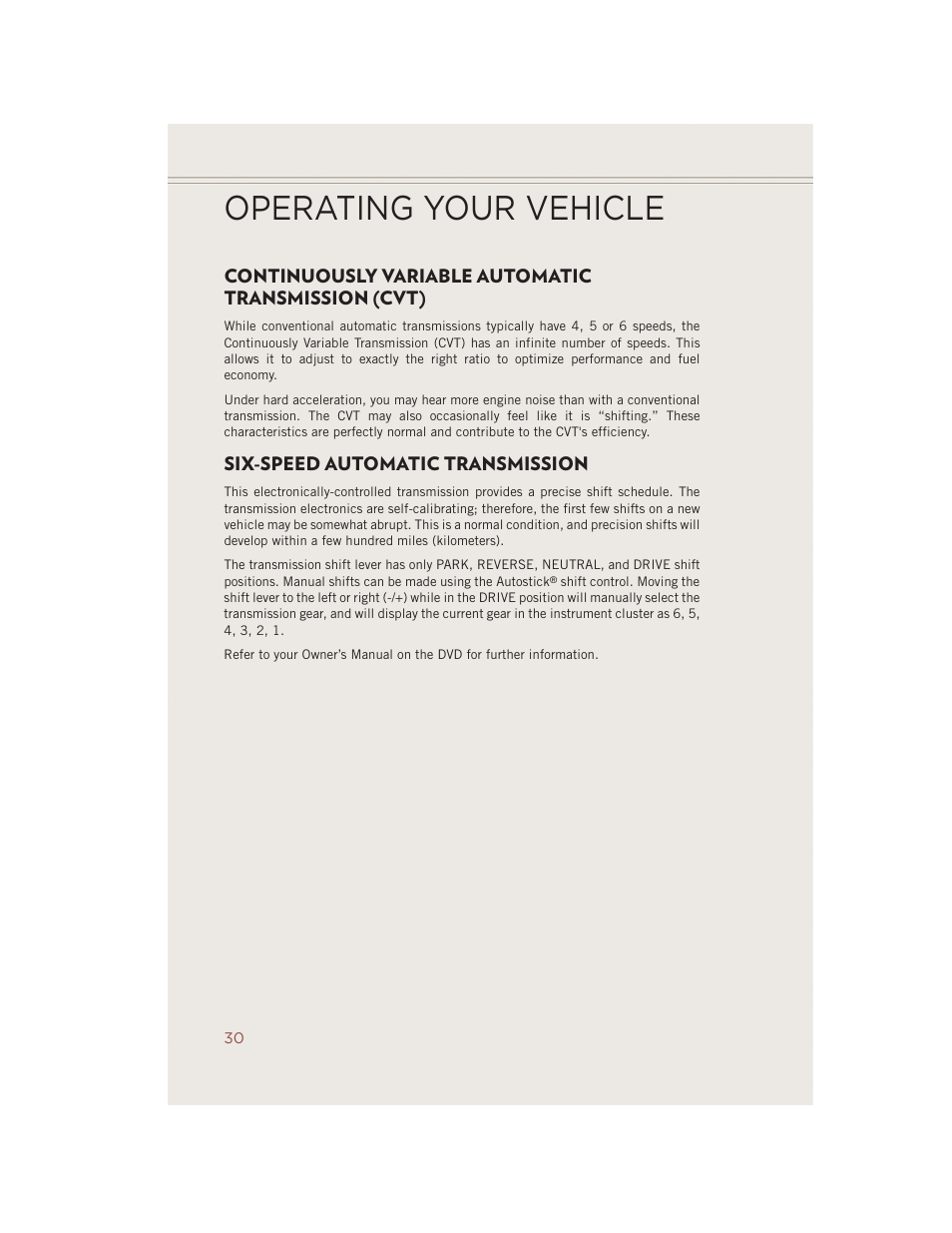 Continuously variable automatic transmission (cvt), Six-speed automatic transmission, Operating your vehicle | Jeep 2014 Compass - User Guide User Manual | Page 32 / 124