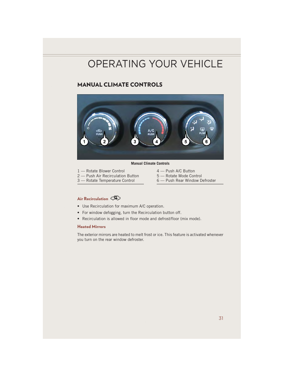 Manual climate controls, Air recirculation, Heated mirrors | Operating your vehicle | Jeep 2014 Compass - User Guide User Manual | Page 33 / 124