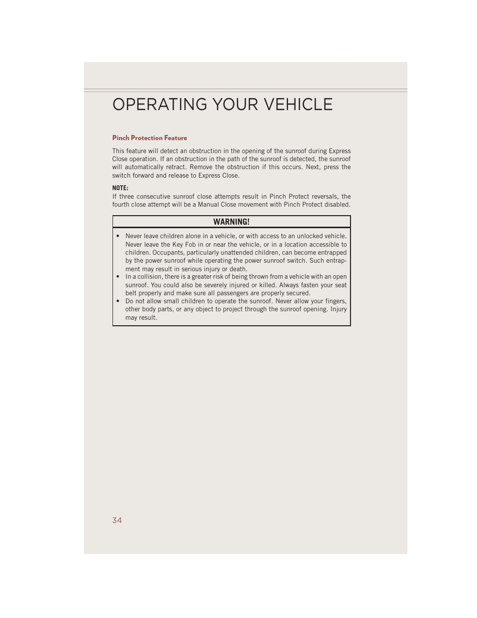 Pinch protection feature, Operating your vehicle | Jeep 2014 Compass - User Guide User Manual | Page 36 / 124