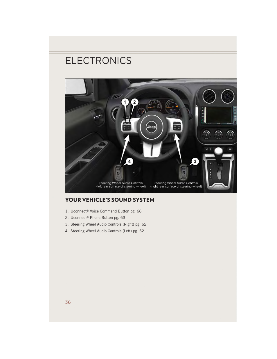 Electronics, Your vehicle's sound system | Jeep 2014 Compass - User Guide User Manual | Page 38 / 124