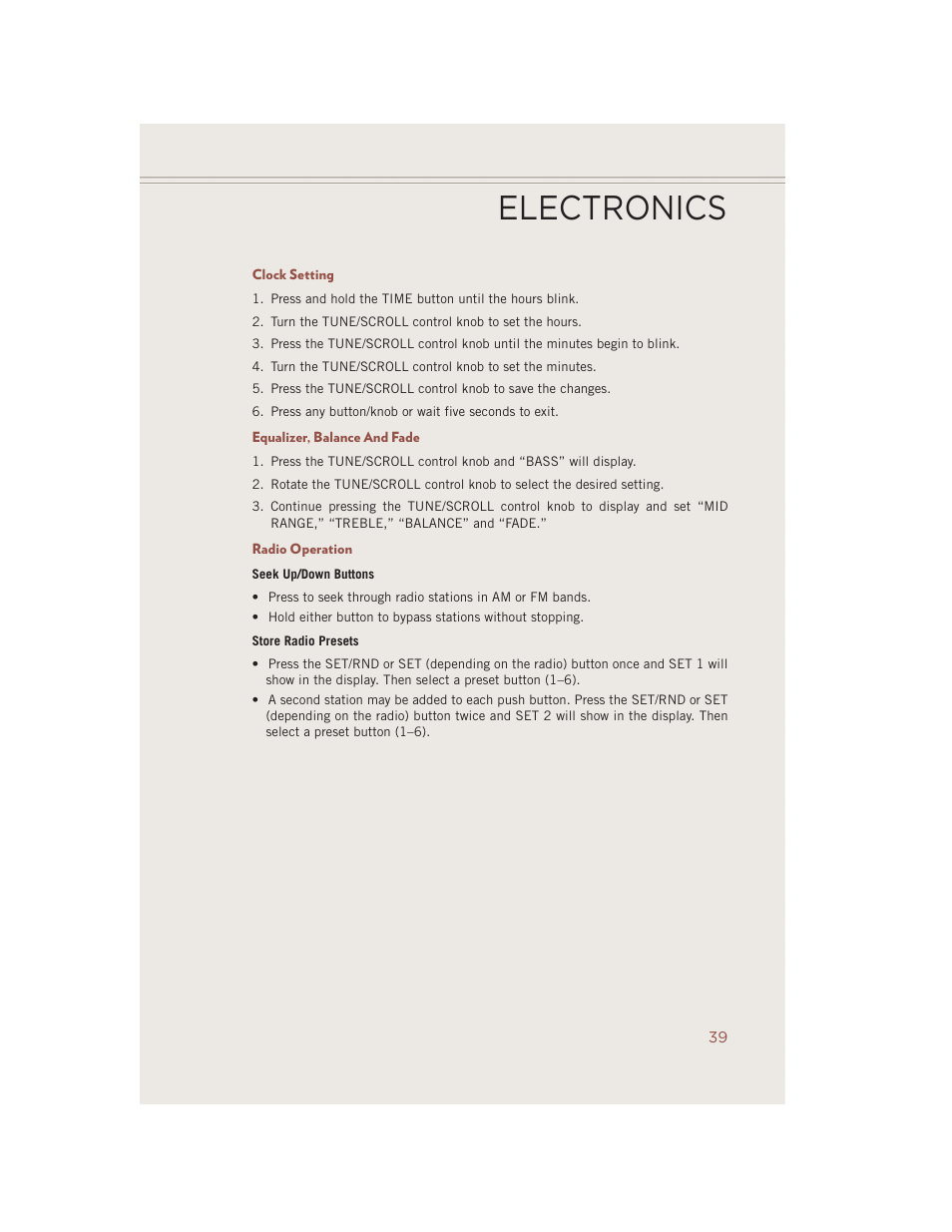 Clock setting, Equalizer, balance and fade, Radio operation | Electronics | Jeep 2014 Compass - User Guide User Manual | Page 41 / 124