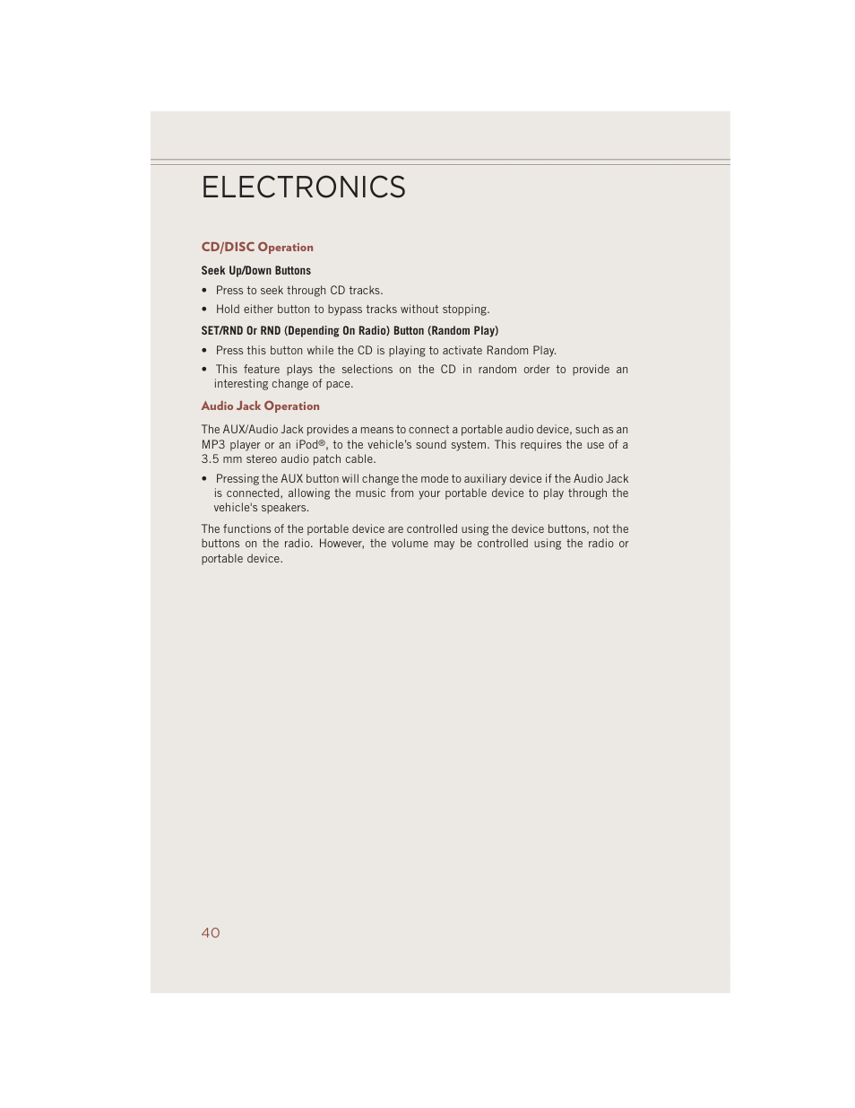 Cd/disc operation, Audio jack operation, Electronics | Jeep 2014 Compass - User Guide User Manual | Page 42 / 124