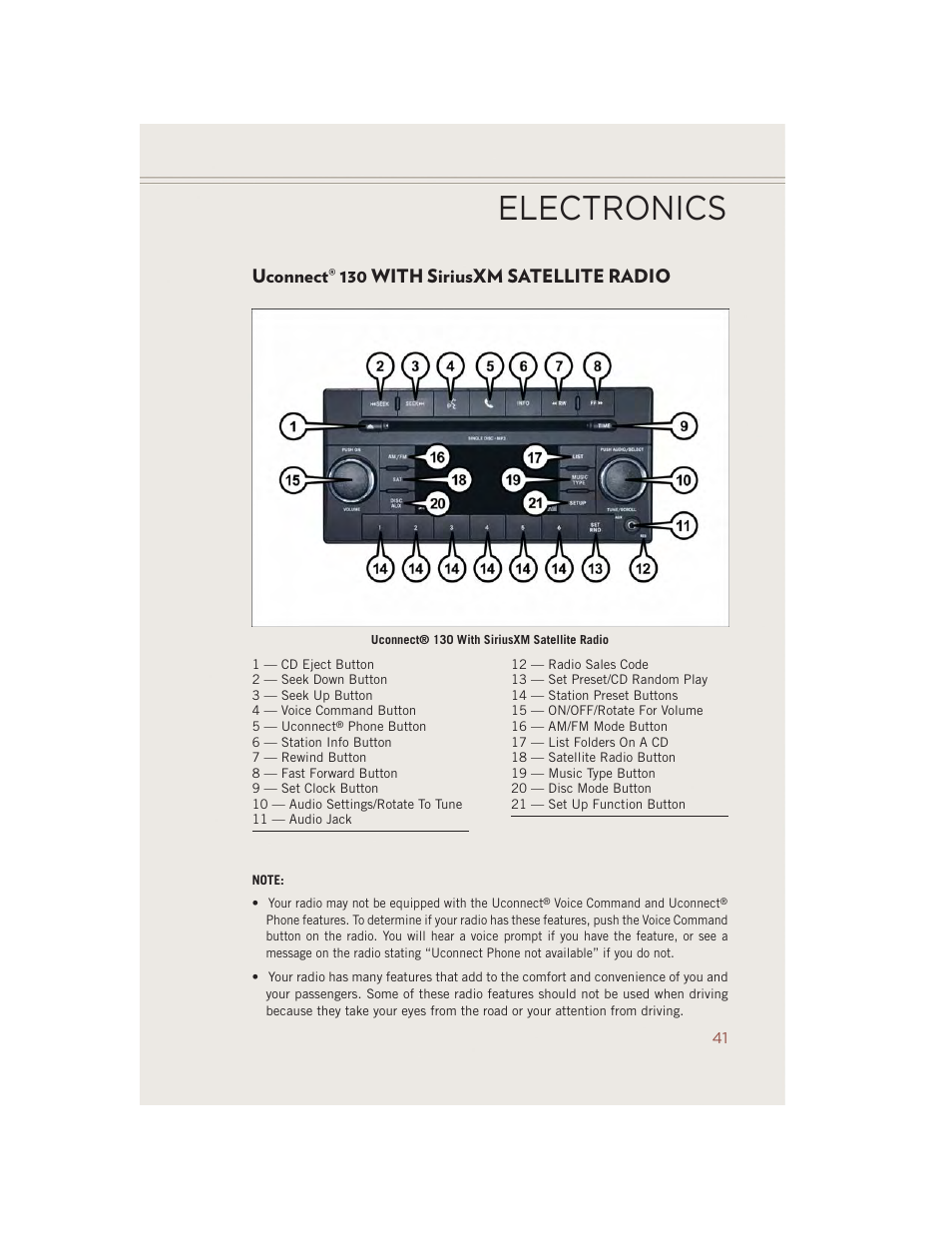 Uconnect® 130 with siriusxm satellite radio, Uconnect, 130 with siriusxm | Satellite radio, Electronics | Jeep 2014 Compass - User Guide User Manual | Page 43 / 124