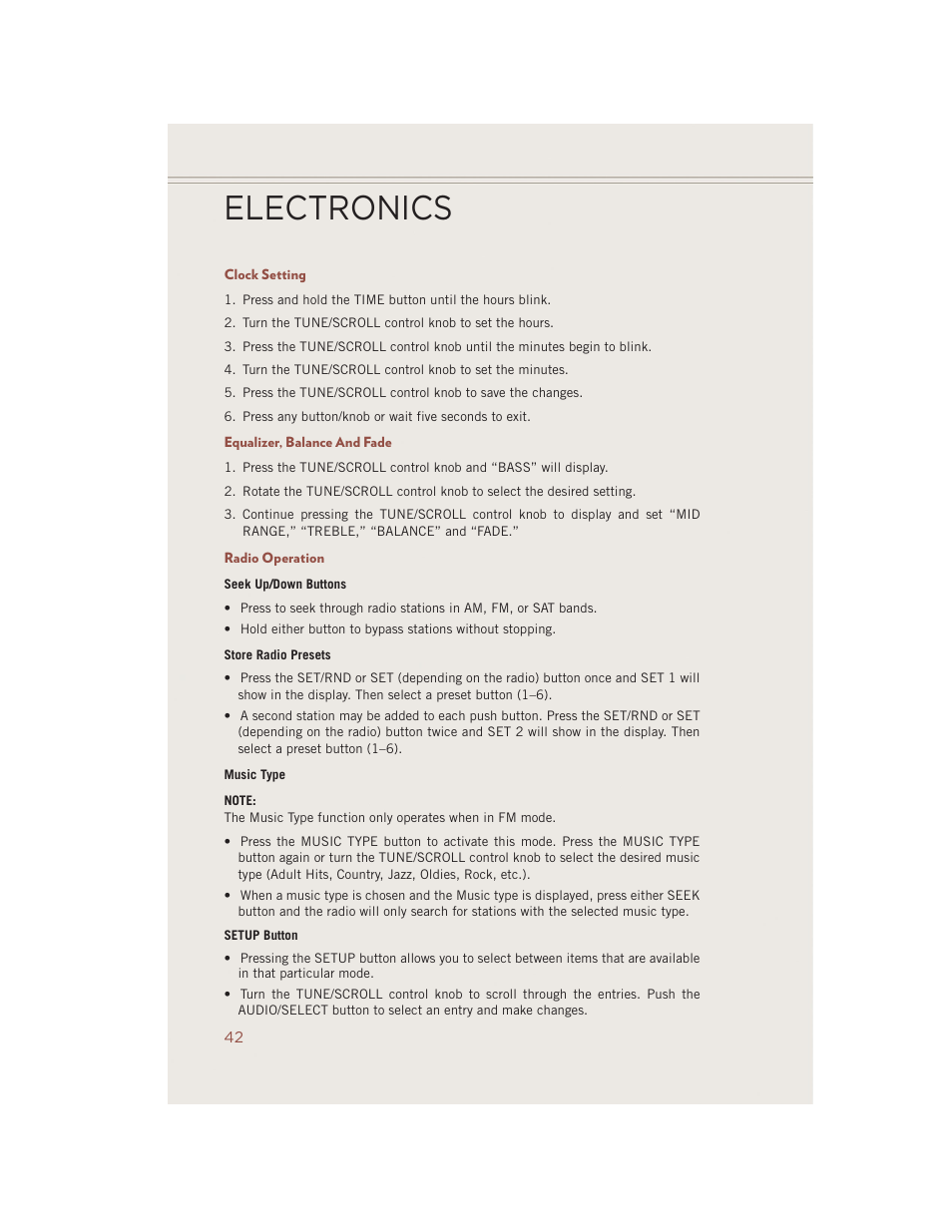 Clock setting, Equalizer, balance and fade, Radio operation | Electronics | Jeep 2014 Compass - User Guide User Manual | Page 44 / 124