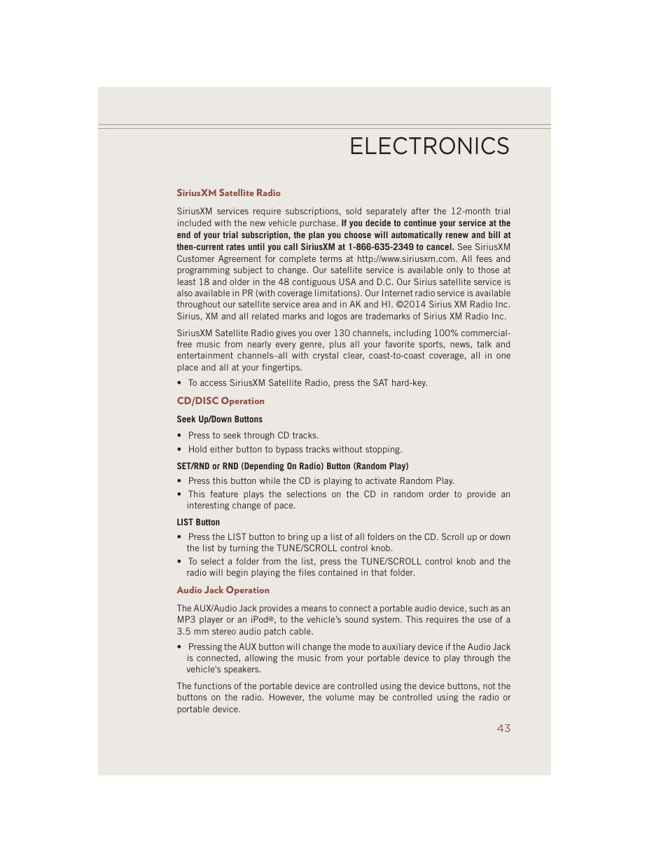 Siriusxm satellite radio, Cd/disc operation, Audio jack operation | Electronics | Jeep 2014 Compass - User Guide User Manual | Page 45 / 124