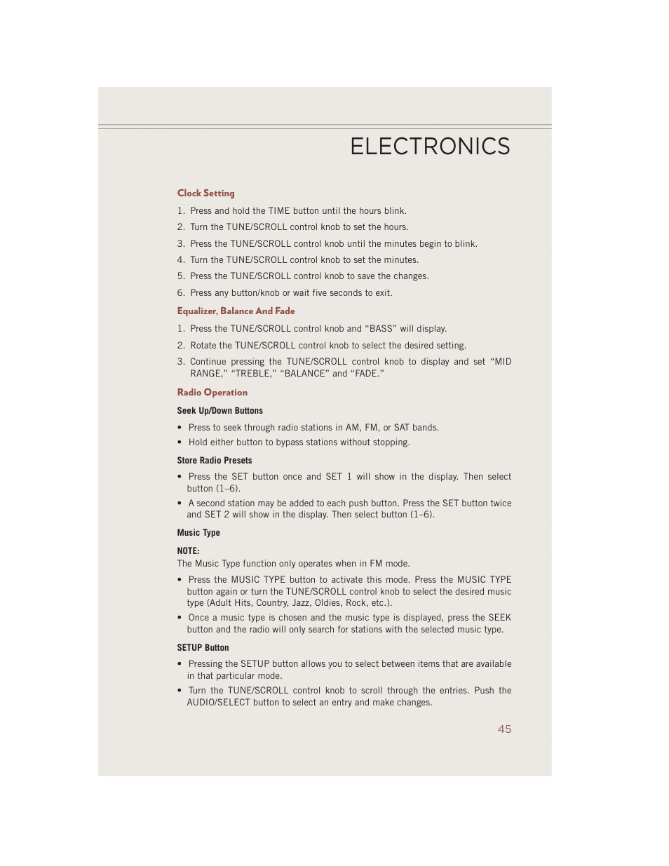 Clock setting, Equalizer, balance and fade, Radio operation | Electronics | Jeep 2014 Compass - User Guide User Manual | Page 47 / 124