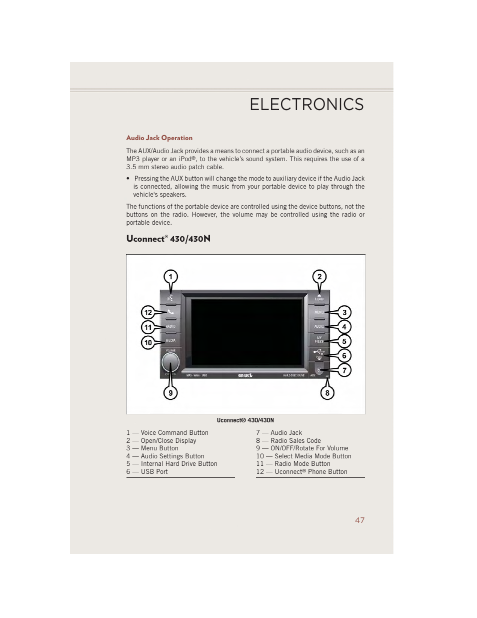 Audio jack operation, Uconnect® 430/430n, Uconnect | 430/430n, Electronics | Jeep 2014 Compass - User Guide User Manual | Page 49 / 124