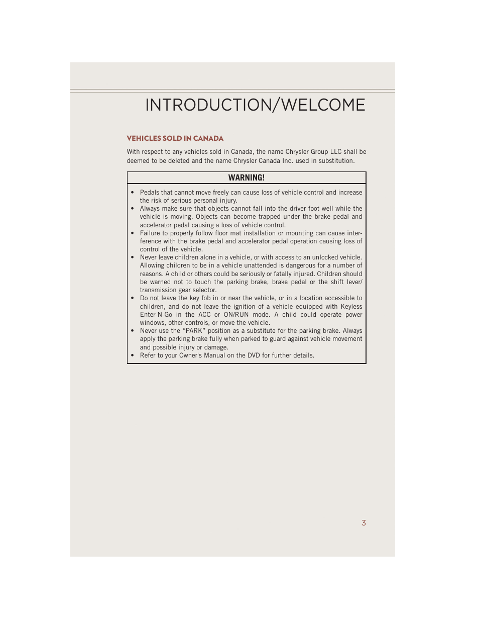 Vehicles sold in canada, Introduction/welcome | Jeep 2014 Compass - User Guide User Manual | Page 5 / 124