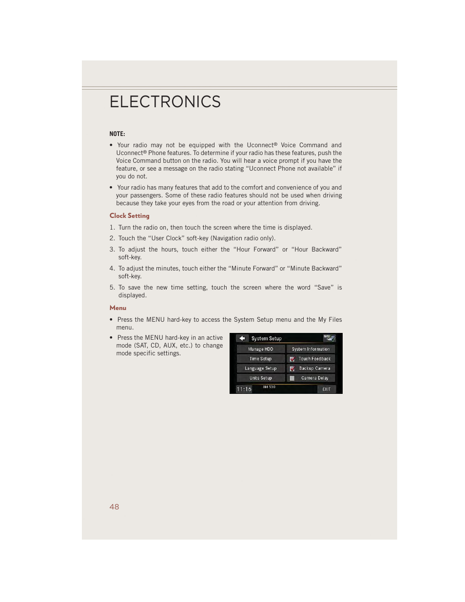 Clock setting, Menu, Electronics | Jeep 2014 Compass - User Guide User Manual | Page 50 / 124
