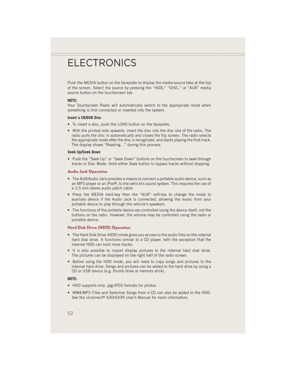 Audio jack operation, Hard disk drive (hdd) operation, Electronics | Jeep 2014 Compass - User Guide User Manual | Page 54 / 124