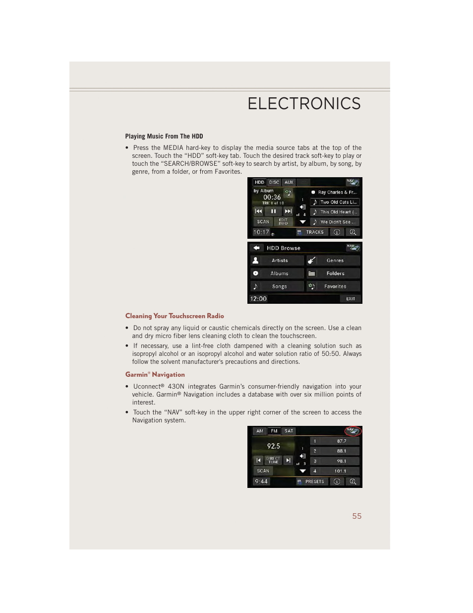 Cleaning your touchscreen radio, Garmin® navigation, Electronics | Jeep 2014 Compass - User Guide User Manual | Page 57 / 124