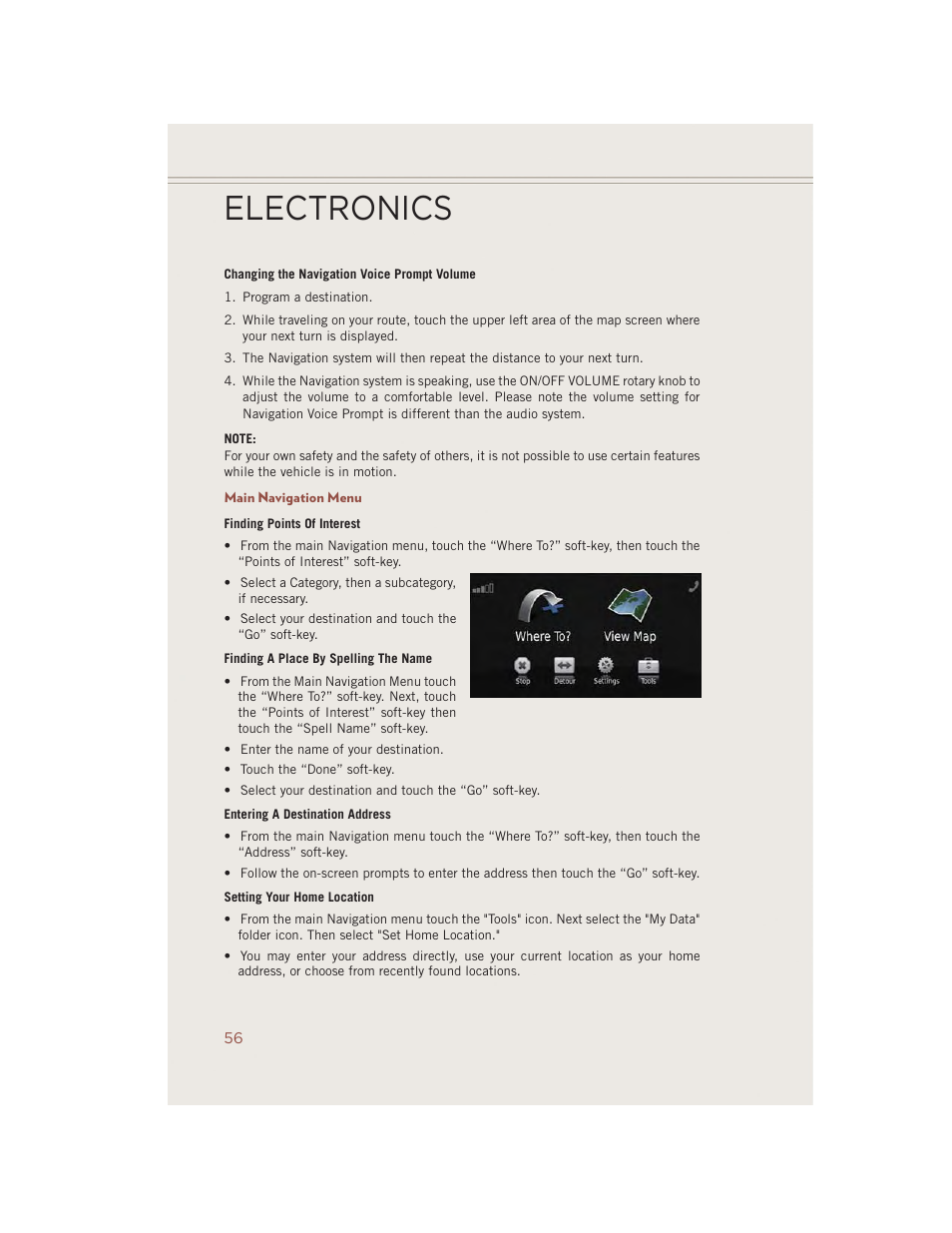 Main navigation menu, Electronics | Jeep 2014 Compass - User Guide User Manual | Page 58 / 124