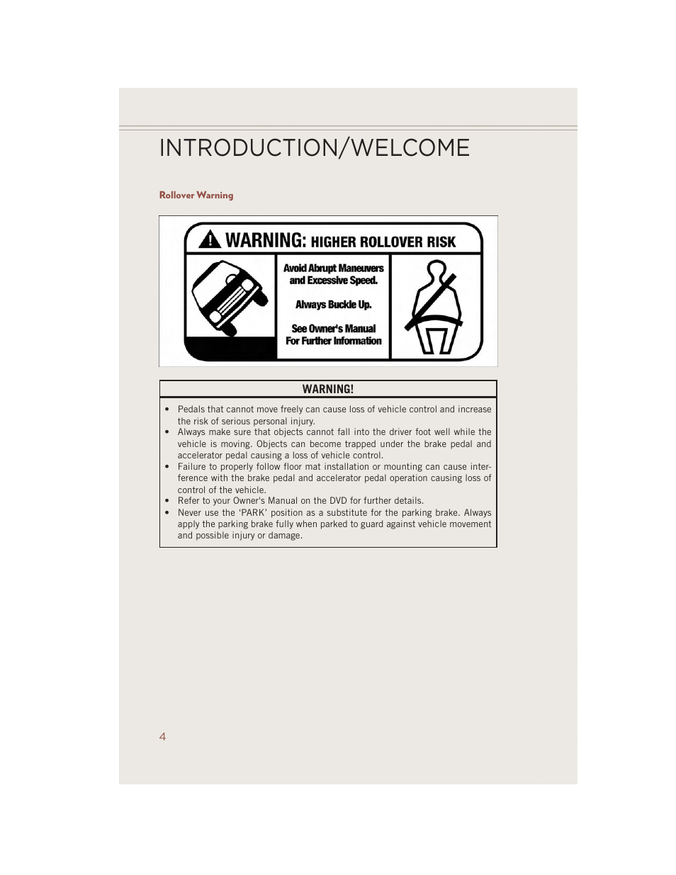 Rollover warning, Introduction/welcome | Jeep 2014 Compass - User Guide User Manual | Page 6 / 124