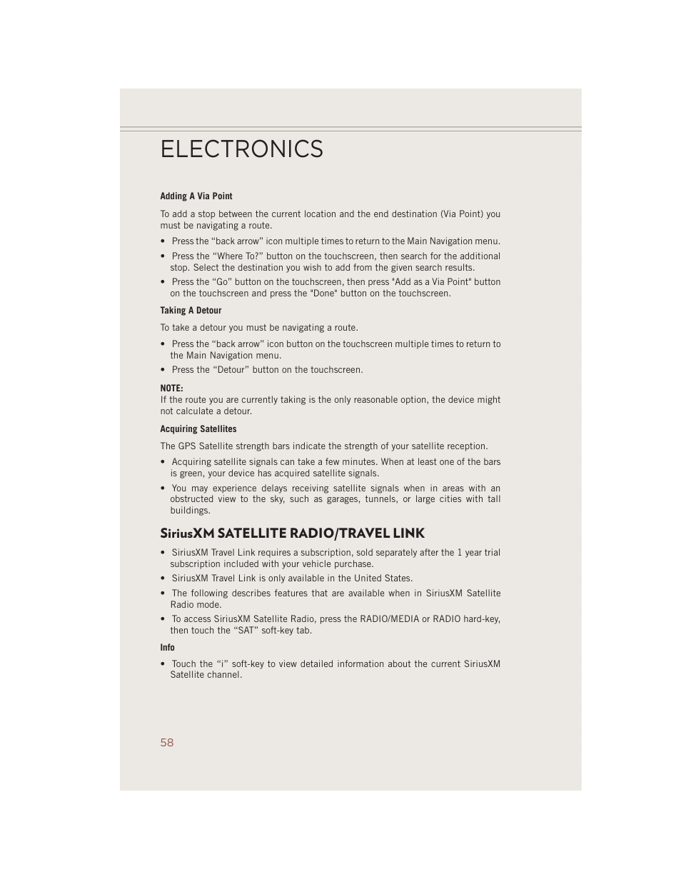 Siriusxm satellite radio/travel link, Electronics | Jeep 2014 Compass - User Guide User Manual | Page 60 / 124