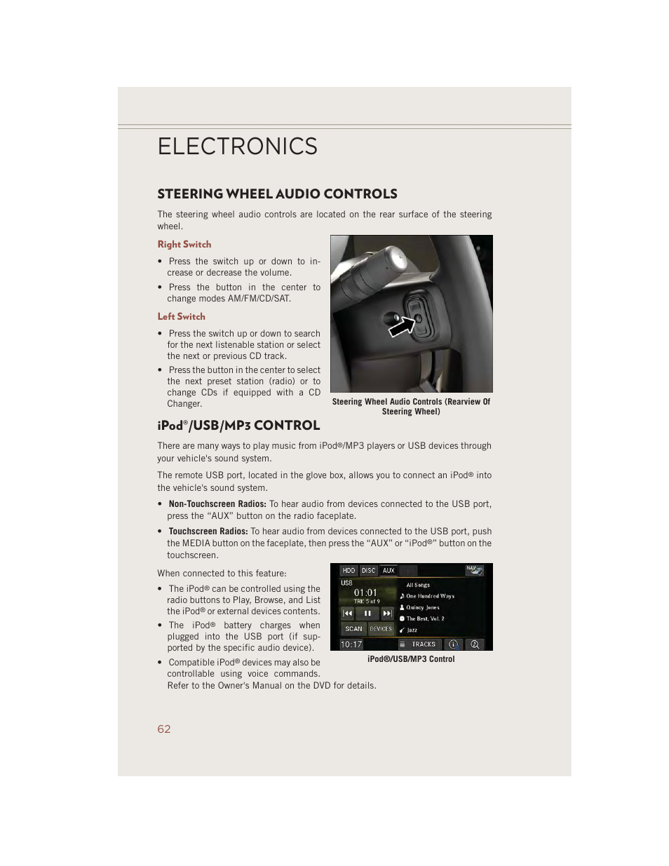 Steering wheel audio controls, Right switch, Left switch | Ipod®/usb/mp3 control, Ipod, Usb/mp3 control, Electronics | Jeep 2014 Compass - User Guide User Manual | Page 64 / 124