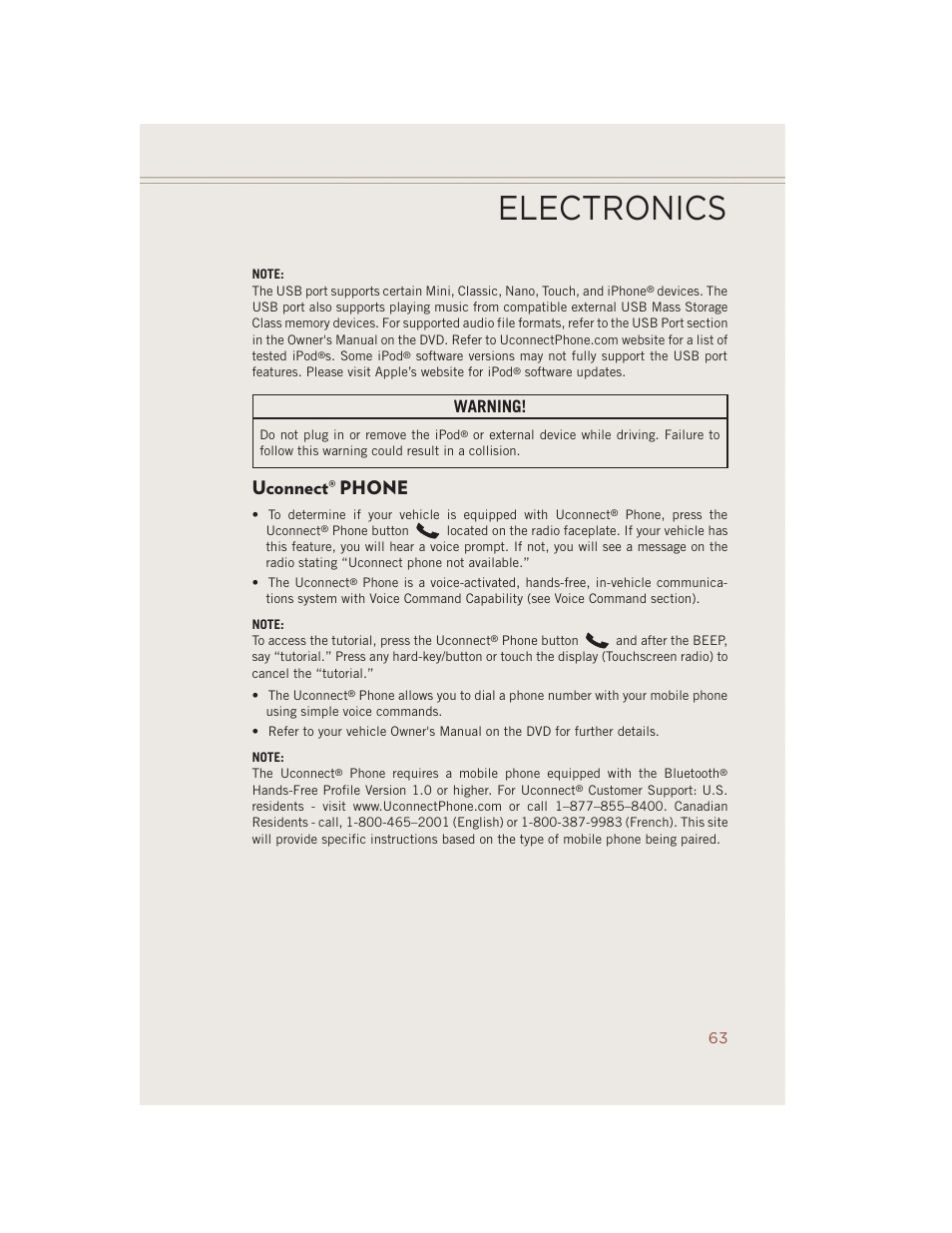 Uconnect® phone, Uconnect, Phone | Electronics, Warning | Jeep 2014 Compass - User Guide User Manual | Page 65 / 124